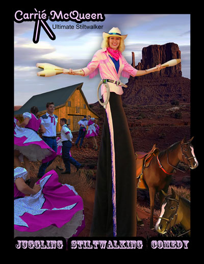 Carrie McQueen, stilt walker, in her giant cowgirl custume.